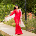 Sharara Set with contrast dupatta, thread & zari work Straight fit Red
