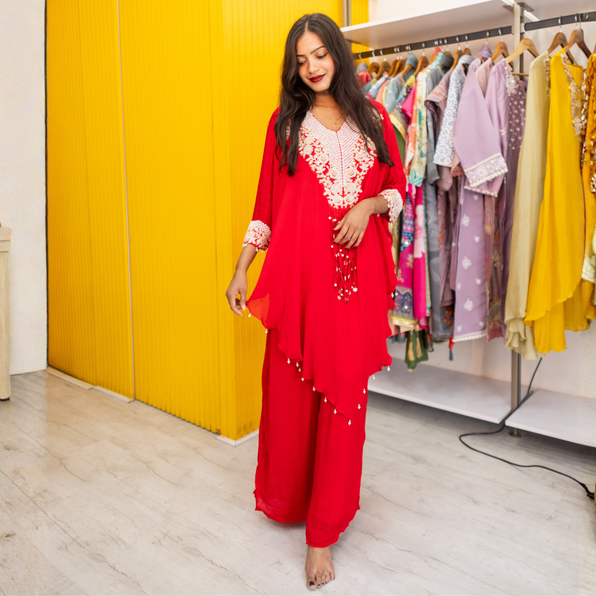 Indo western set (no dupatta) with heavy moti work Cape dress Red