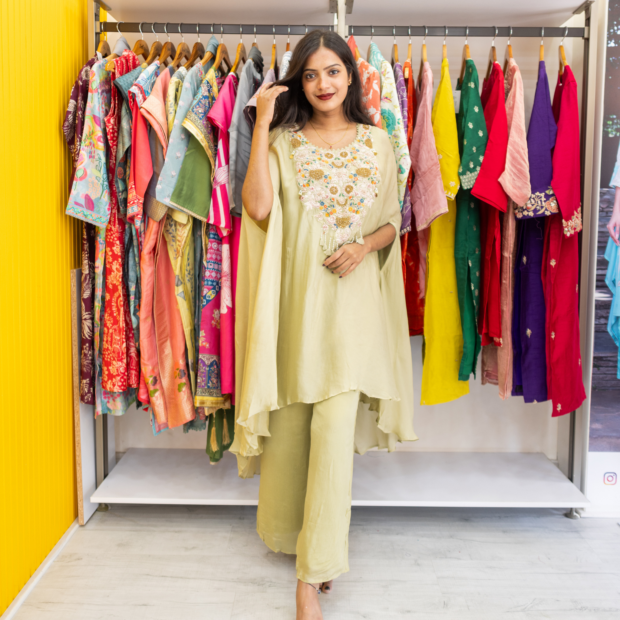 Indo western set (no dupatta) with hand work Cape dress Green