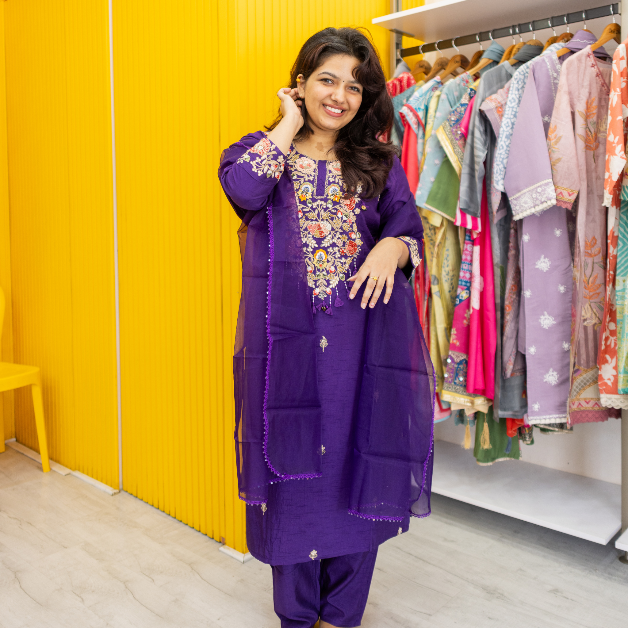 Full set with thread & zardosi handwork Straight fit Purple