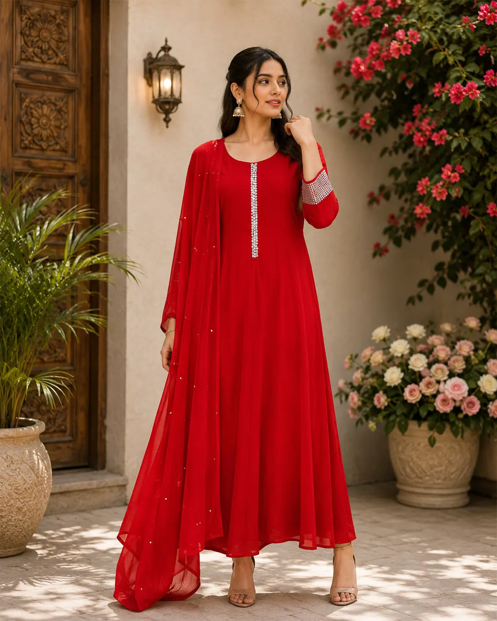 Anarkali Full Set With Sequence Work Flared Kurta Red