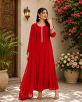 Anarkali Full Set With Sequence Work Flared Kurta Red