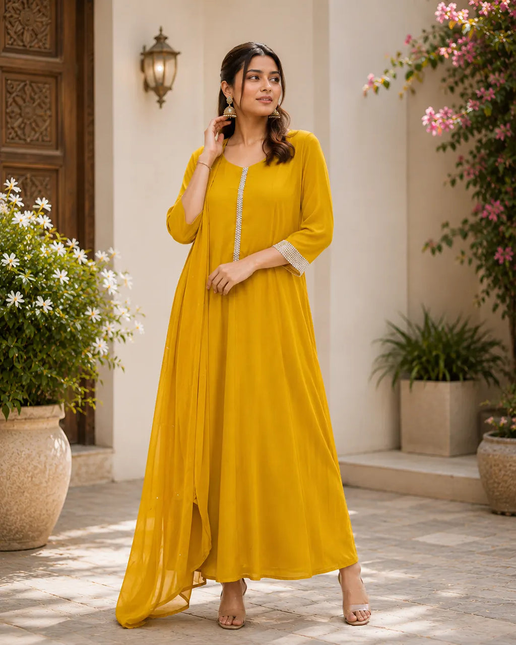 Anarkali Full Set with sequence work Flared Kurta Yellow