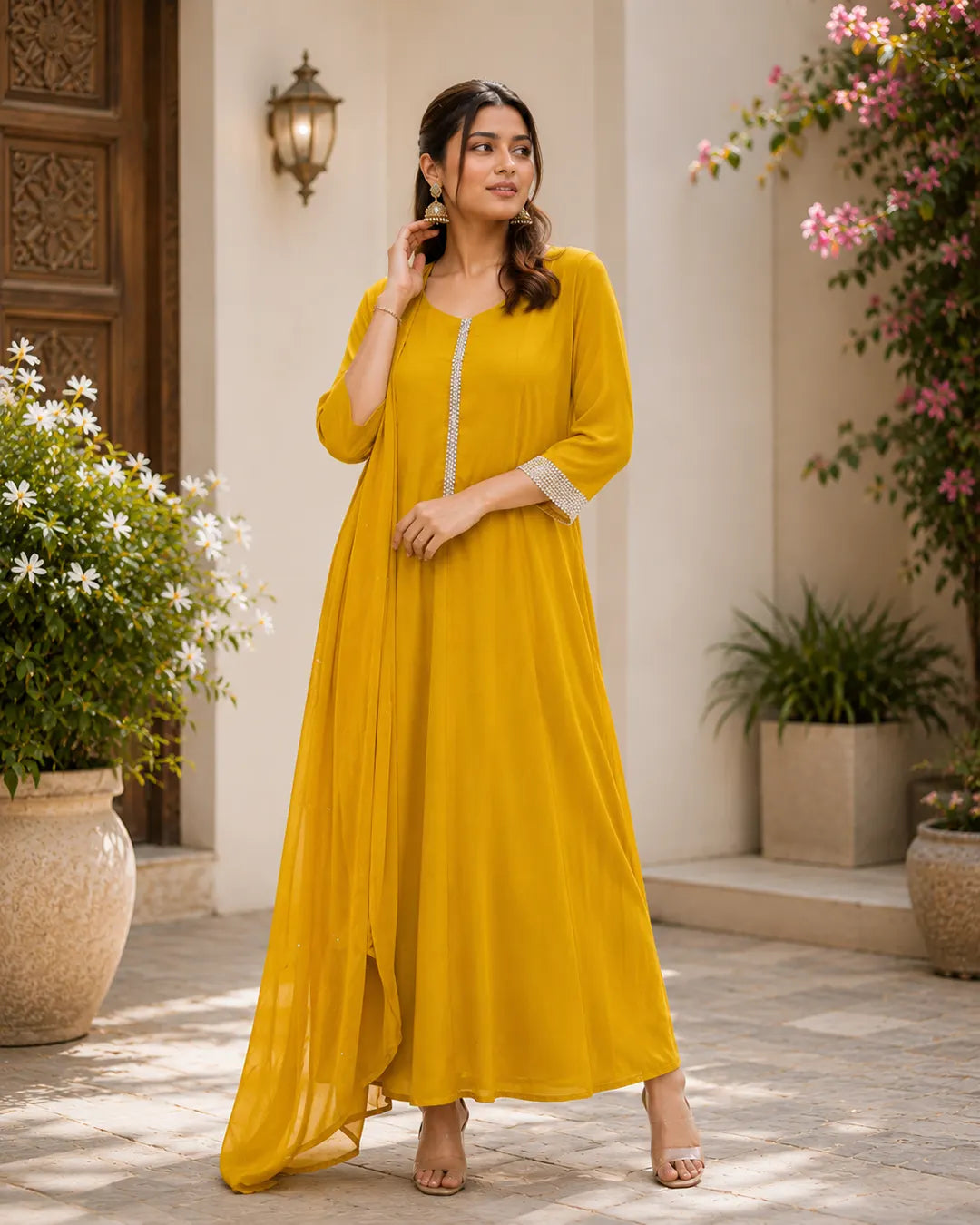 Anarkali Full Set with sequence work Flared Kurta Yellow