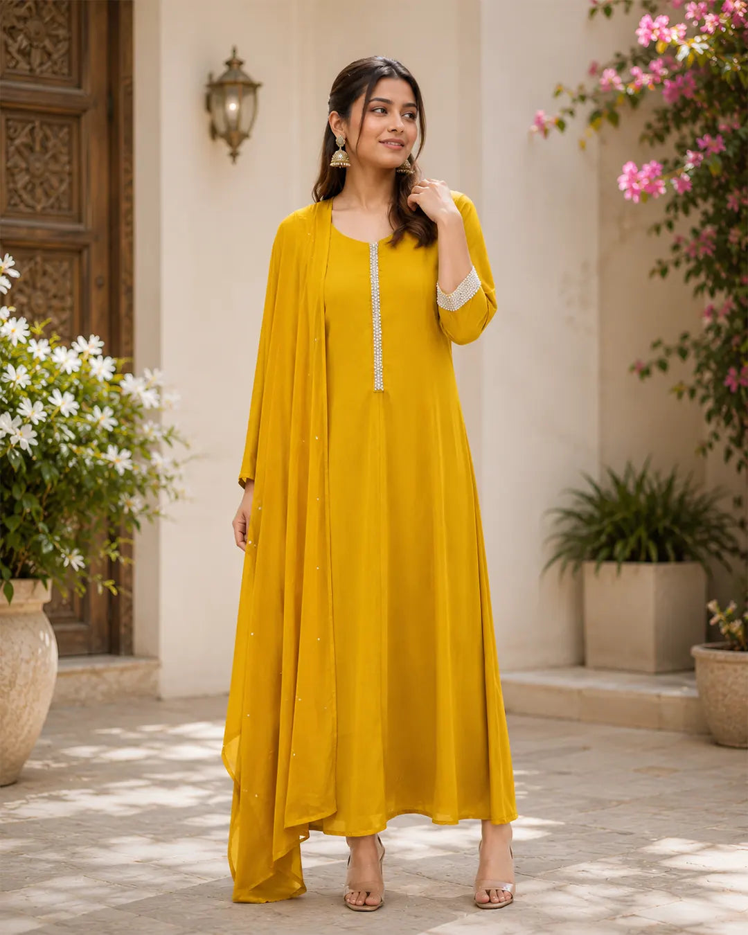 Anarkali Full Set with sequence work Flared Kurta Yellow