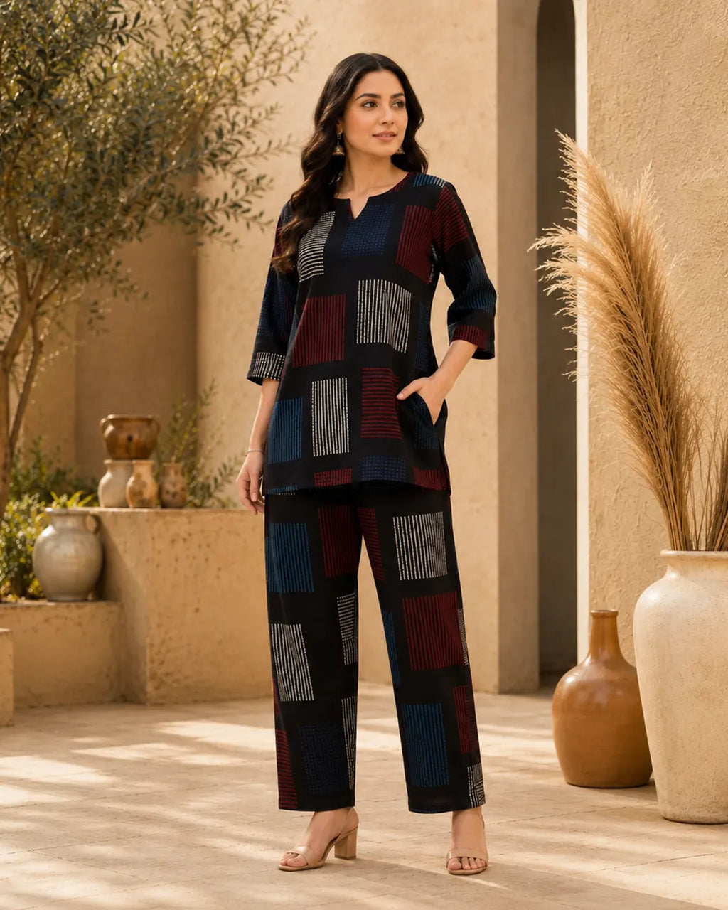 Cotton Cord Set (Short Kurti) – Black