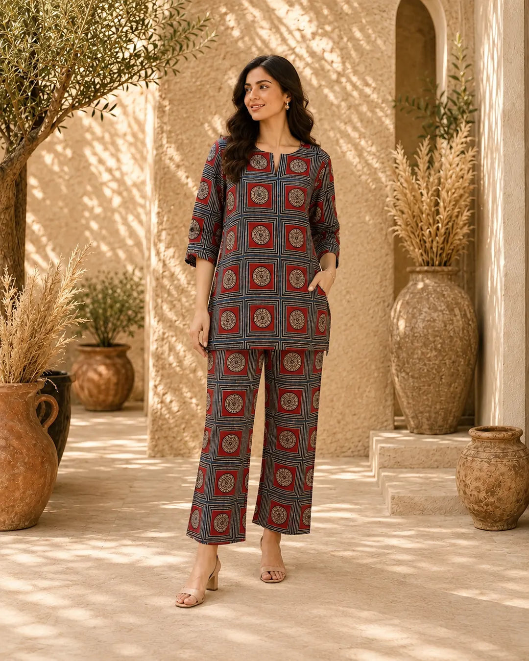 Desi Diva Cotton Cord Set (Short Kurti) – Blue & Maroon