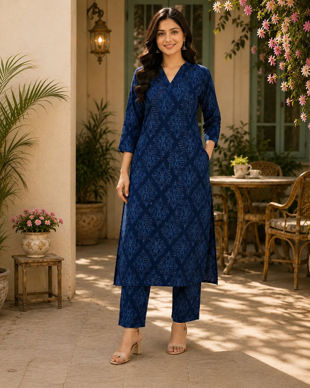 Cotton Cord Set (Long Kurti) – Navy Blue