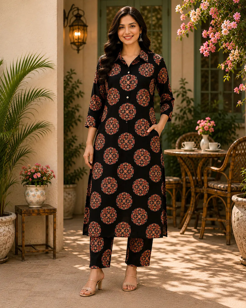 Cotton Cord Set (Long Kurti) – Black