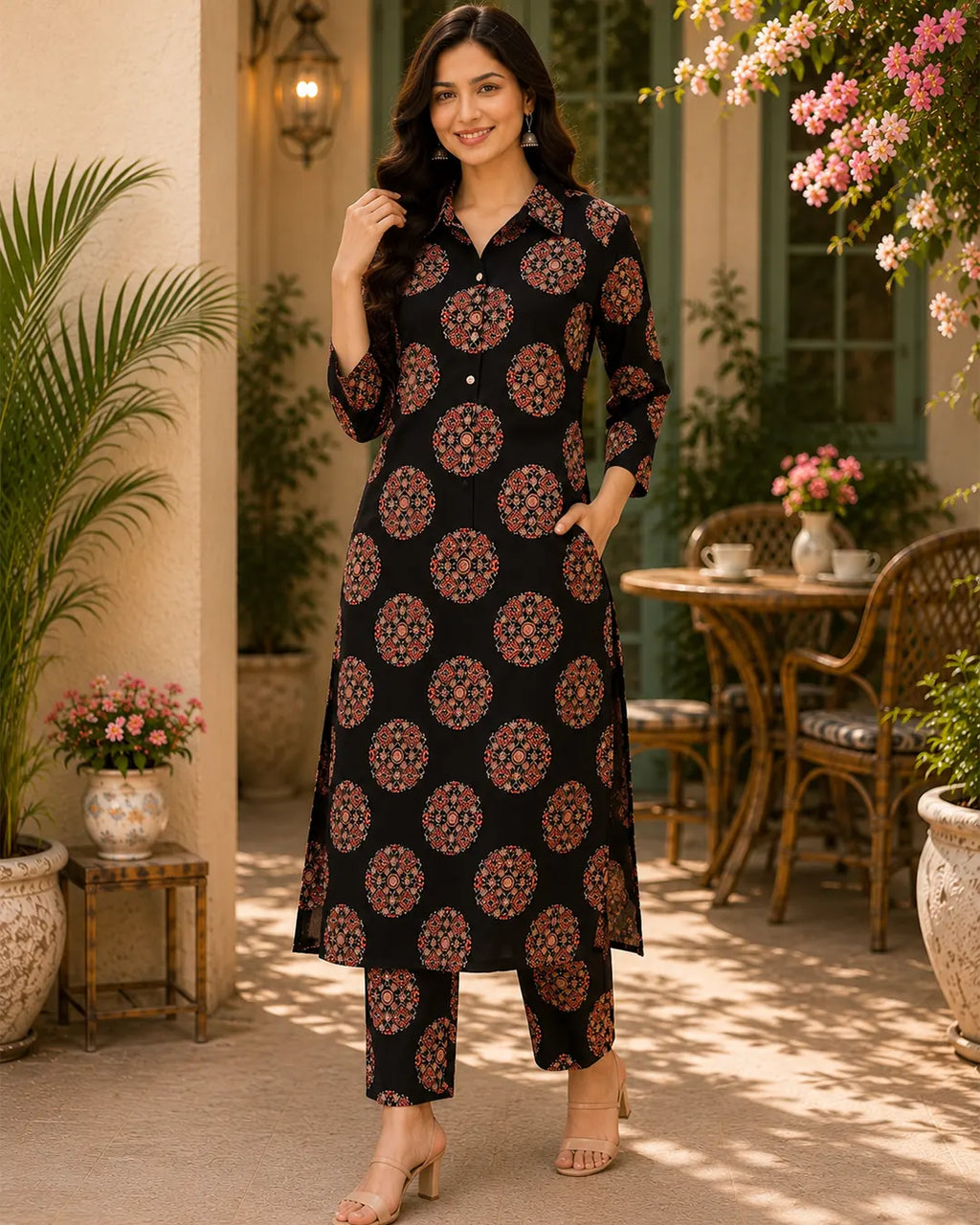 Cotton Cord Set (Long Kurti) – Black