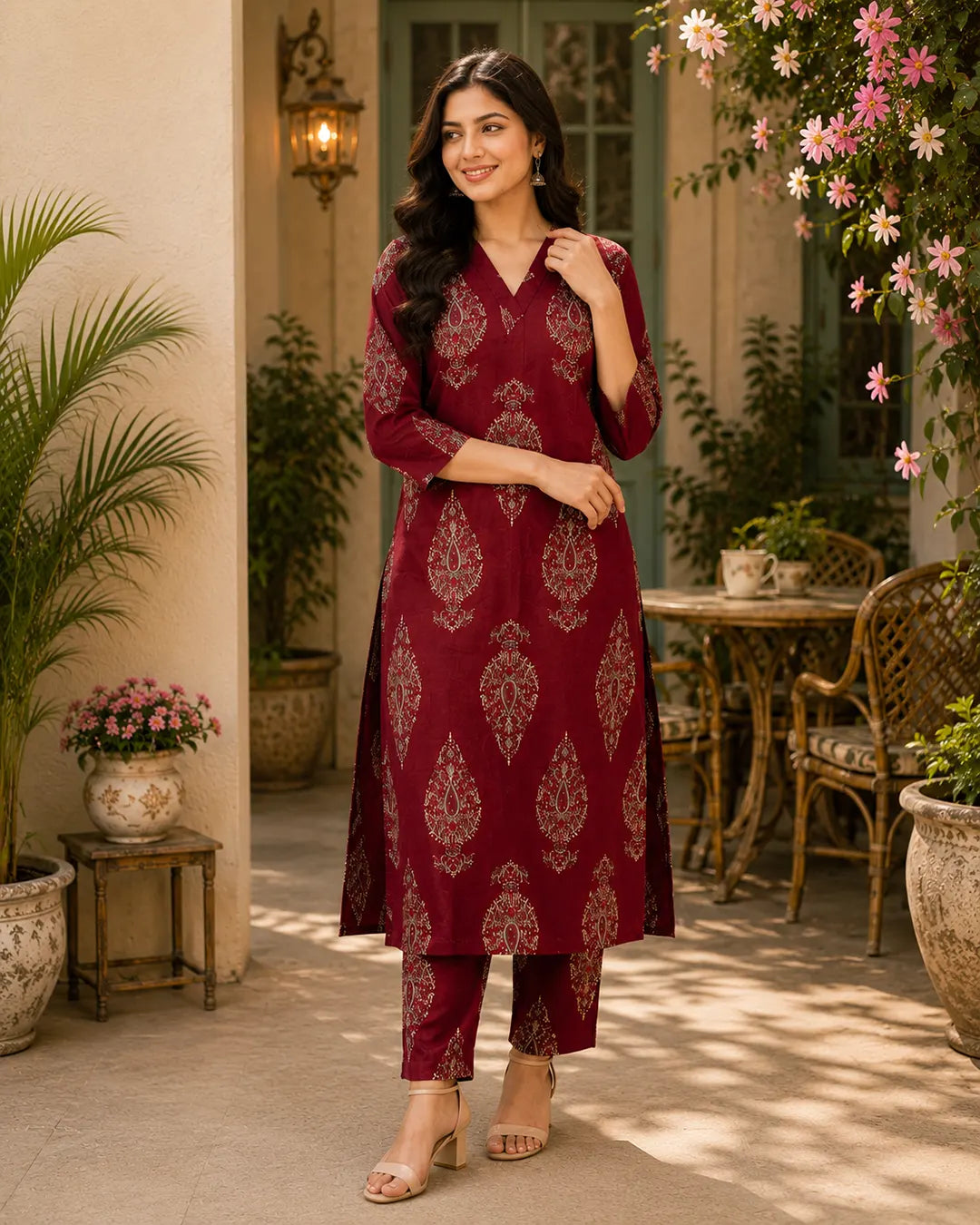 Cotton Cord Set (Long Kurti) – Maroon