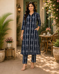 Cotton Cord Set (Long Kurti) – Navy Blue