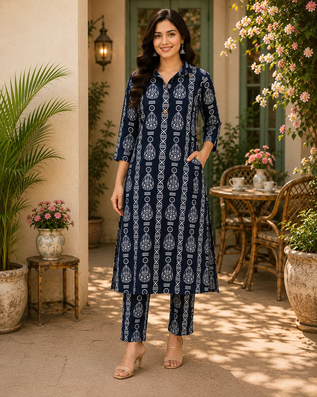 Cotton Cord Set (Long Kurti) – Navy Blue