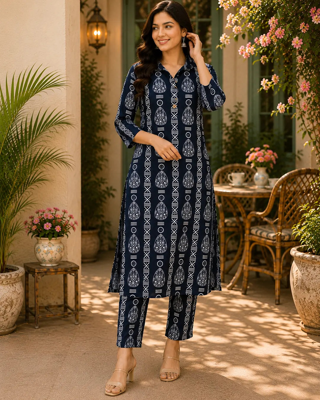 Cotton Cord Set (Long Kurti) – Navy Blue