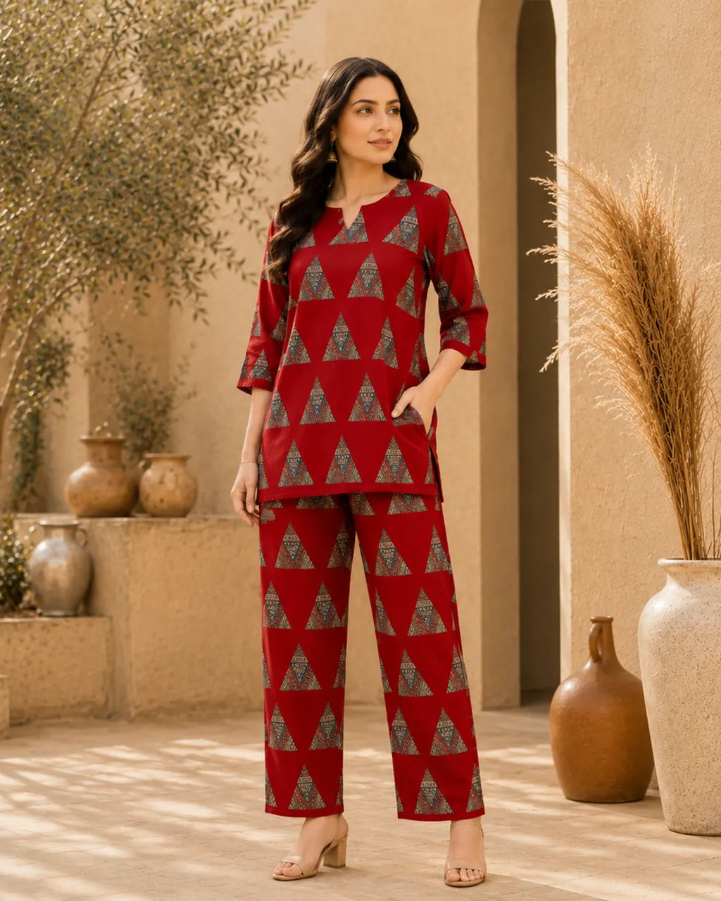 Cotton Cord Set (Short Kurti) – Rust