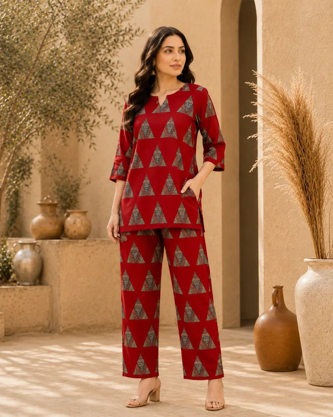 Cotton Cord Set (Short Kurti) – Rust