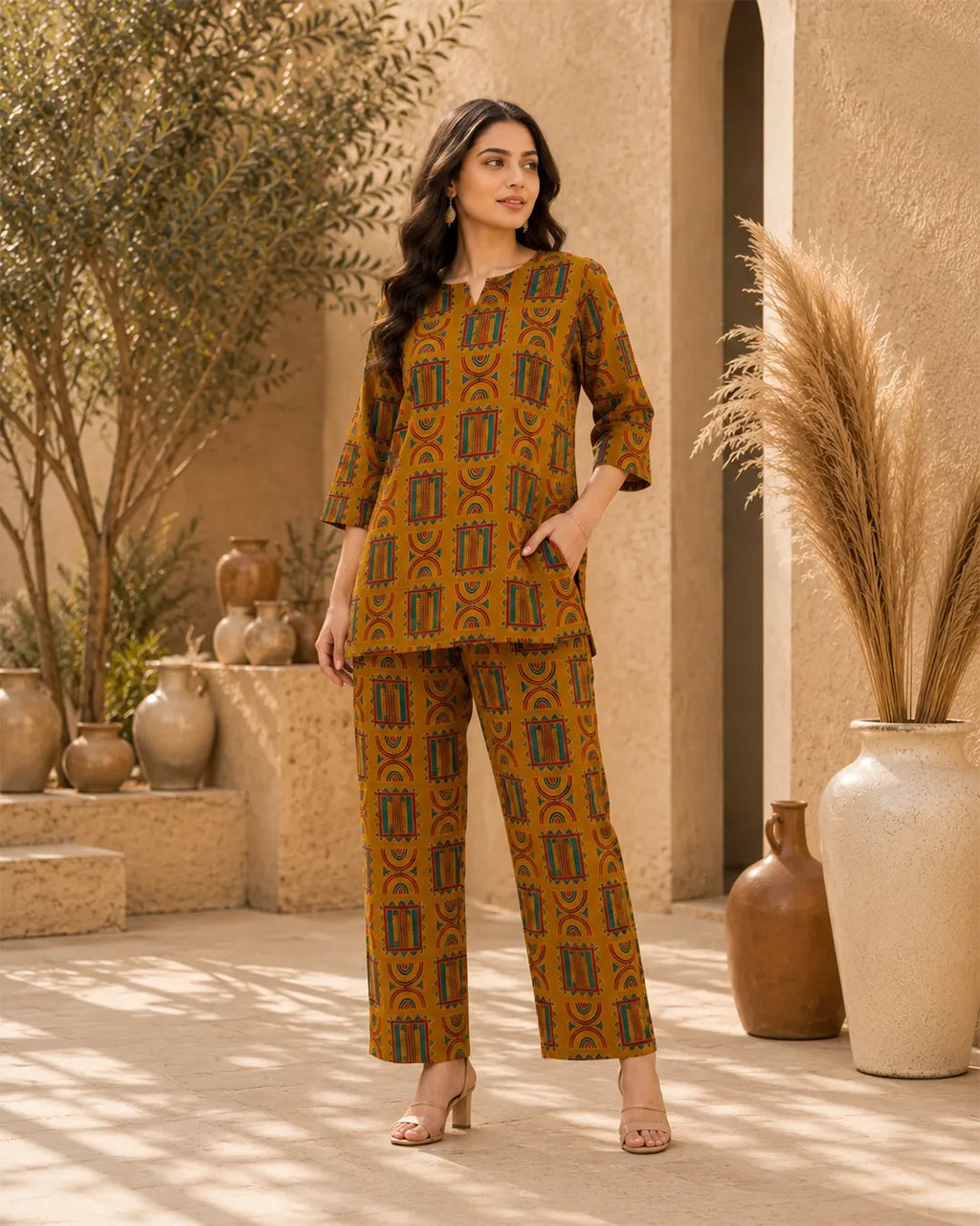 Cotton Cord Set (Short Kurti) – Mustard