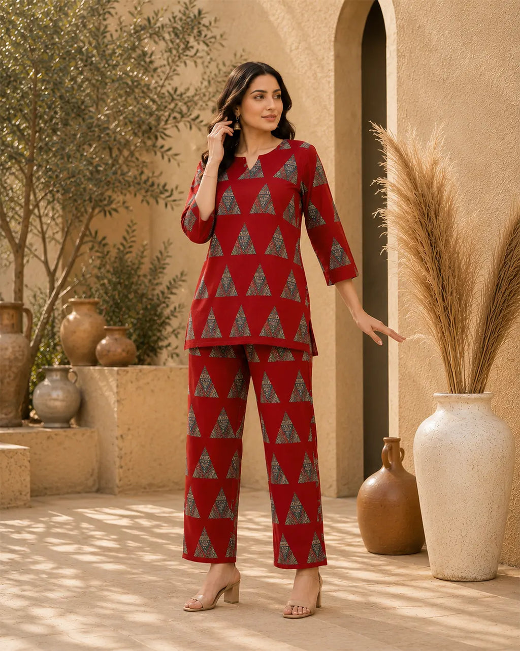 Cotton Cord Set (Short Kurti) – Rust