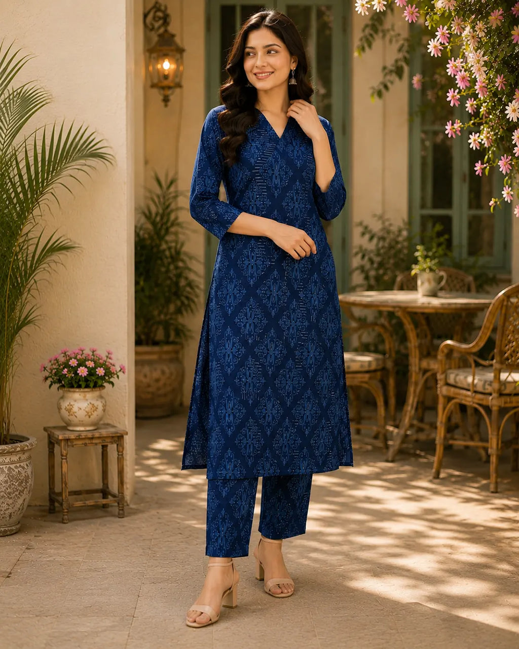 Cotton Cord Set (Long Kurti) – Navy Blue