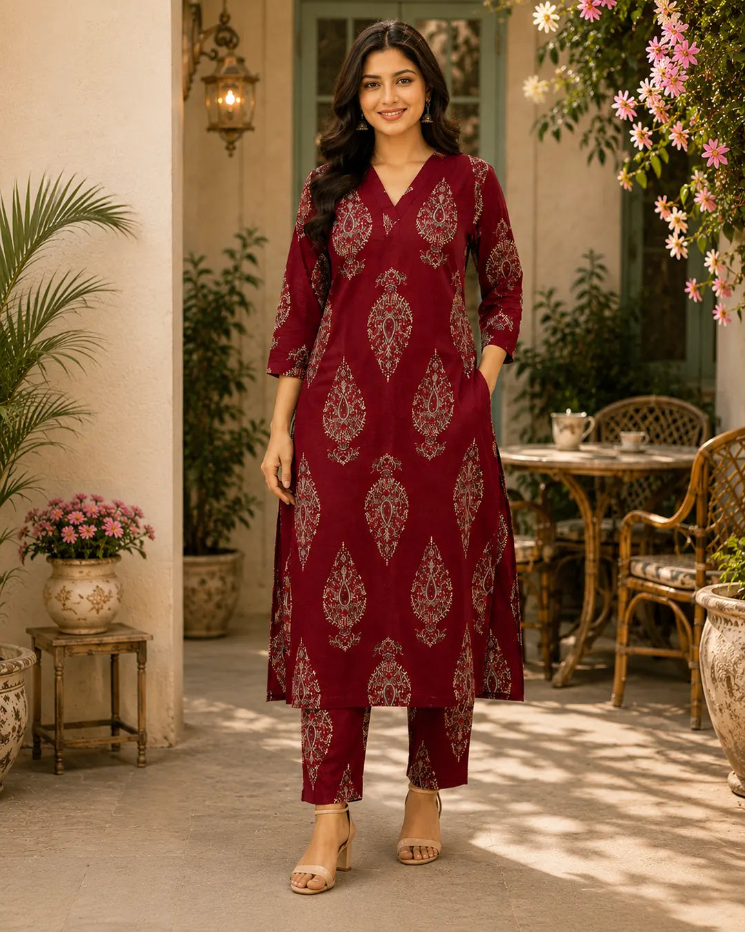 Cotton Cord Set (Long Kurti) – Maroon