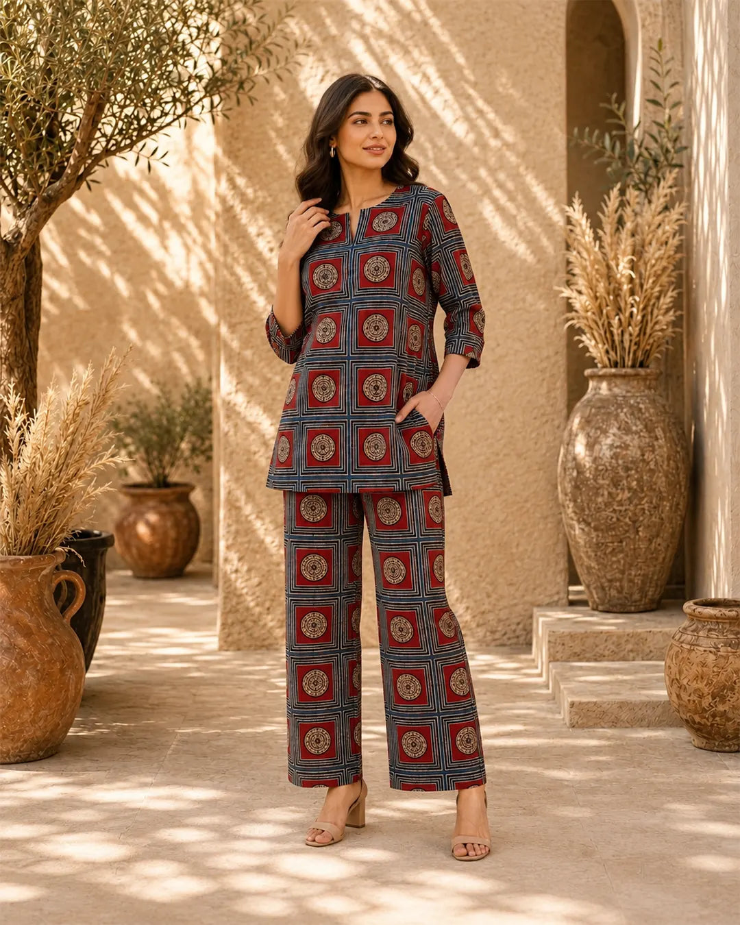 Desi Diva Cotton Cord Set (Short Kurti) – Blue & Maroon