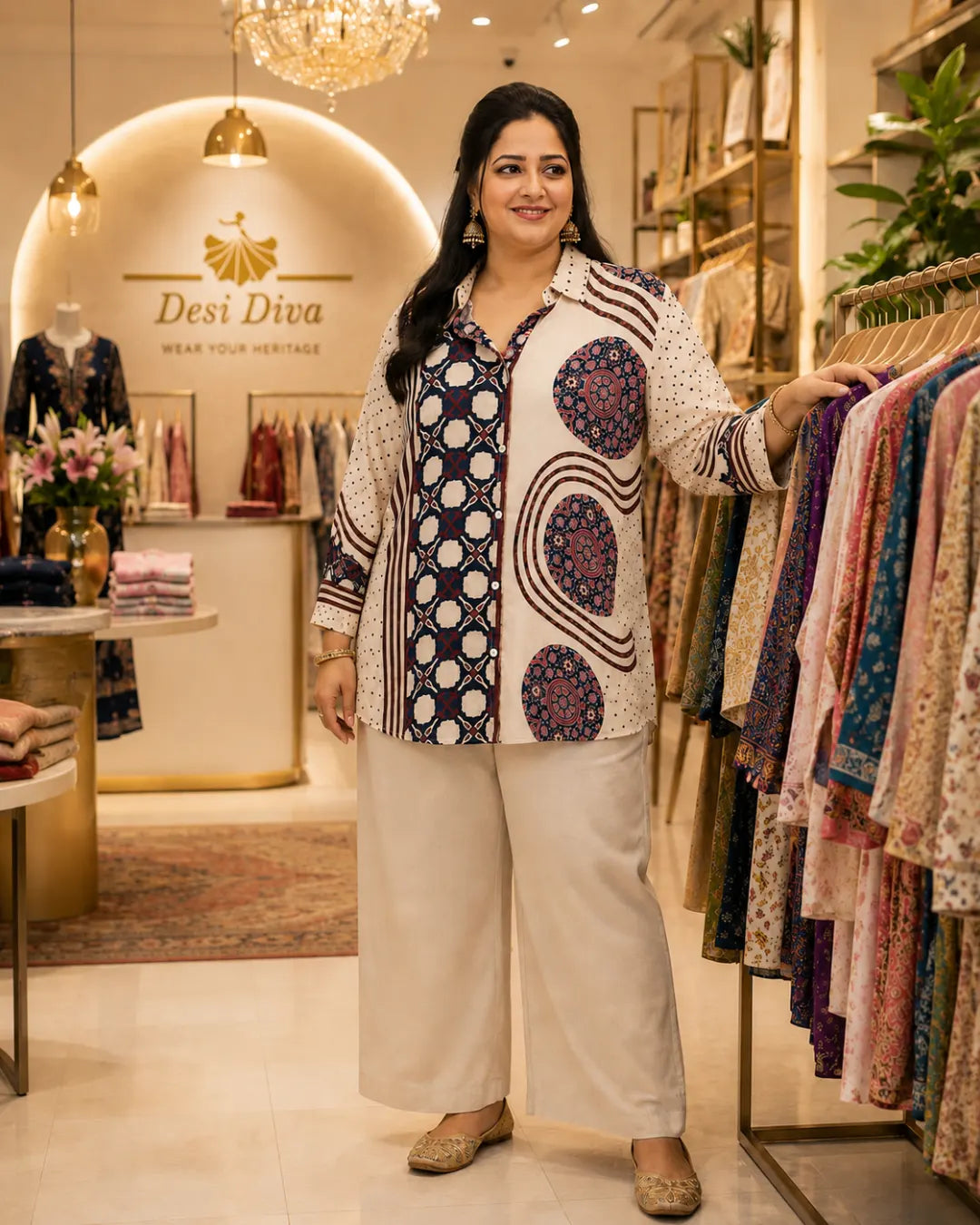 Crepe Ajrakh Print Straight Shirt – Beige