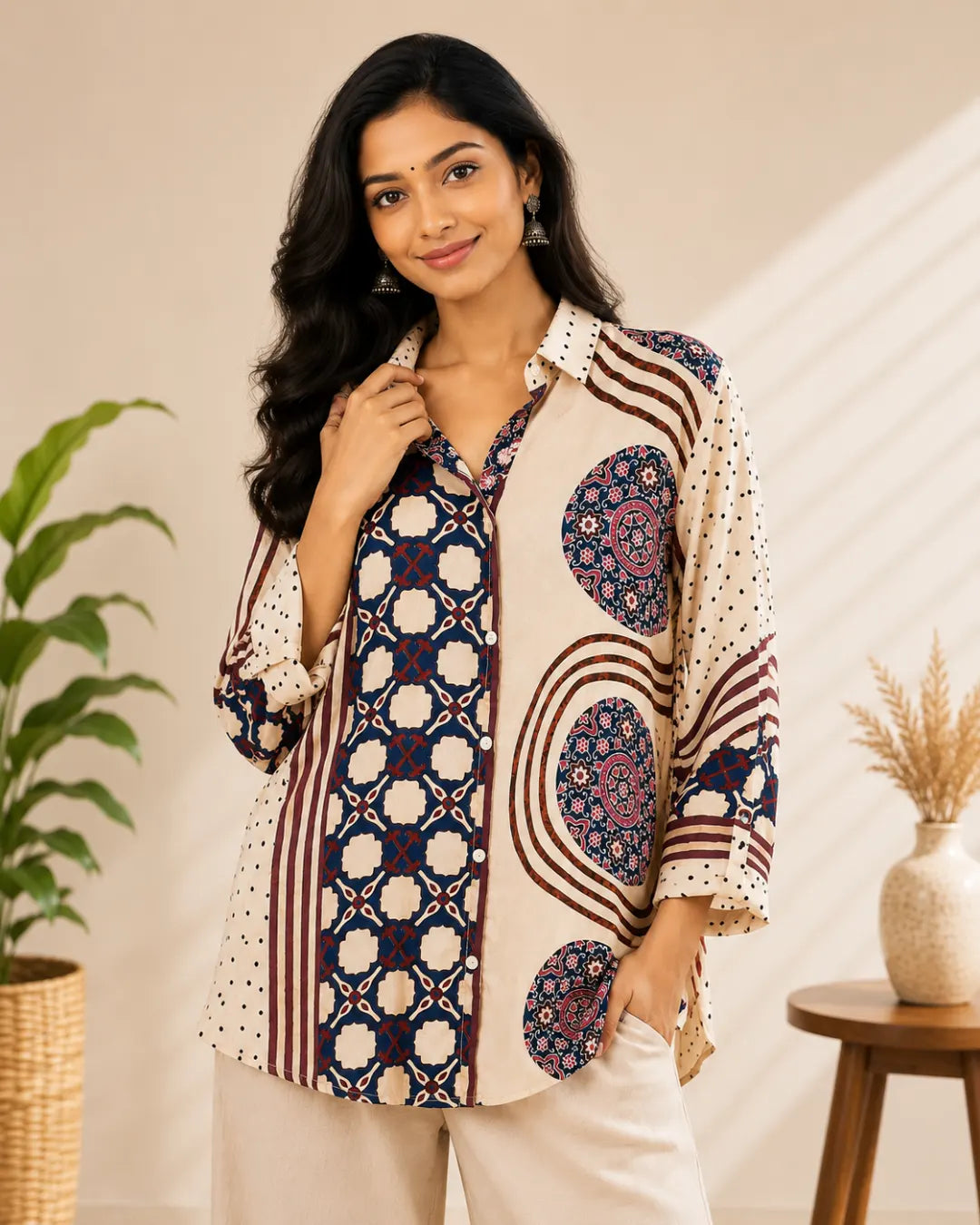 Crepe Ajrakh Print Straight Shirt – Beige