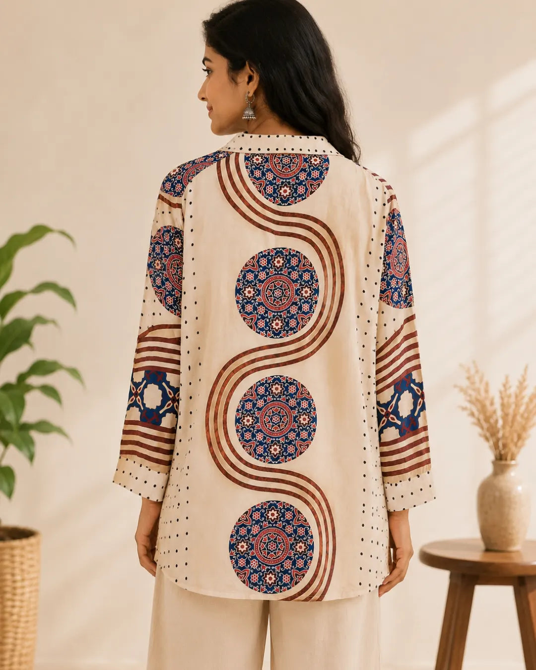 Crepe Ajrakh Print Straight Shirt – Beige