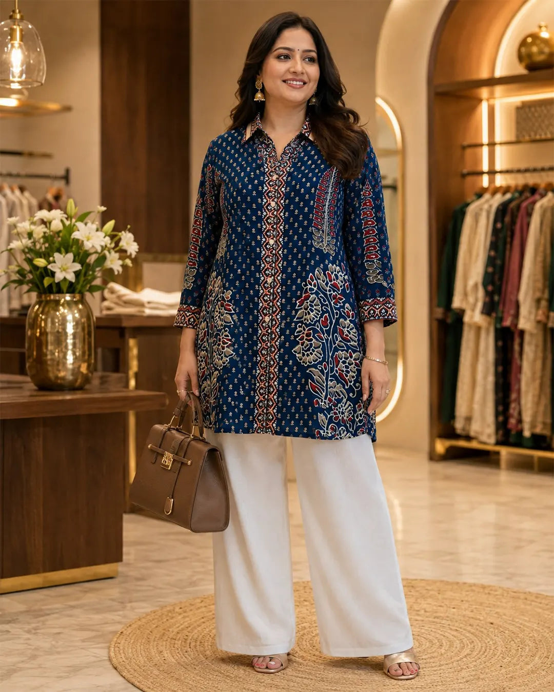 Crepe Ajrakh Print Straight Shirt – Blue
