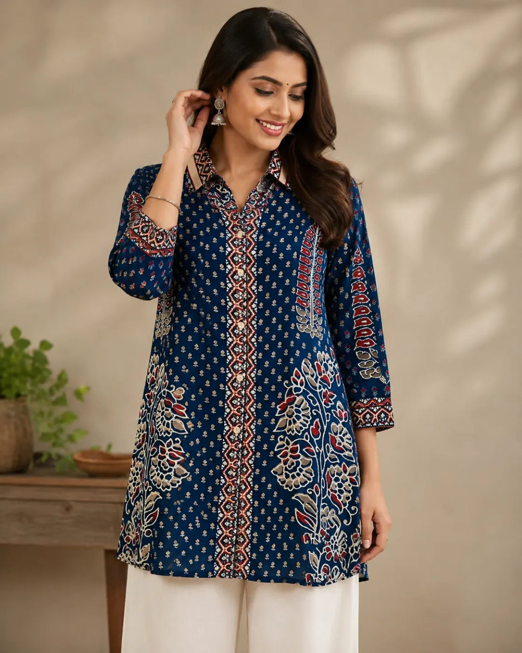 Crepe Ajrakh Print Straight Shirt – Blue
