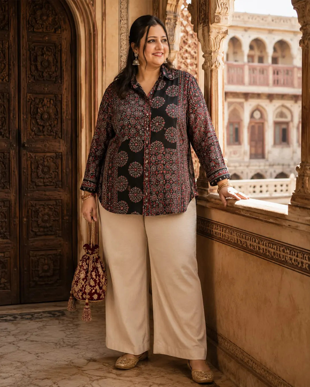 Crepe Ajrakh Print Straight Shirt – Black