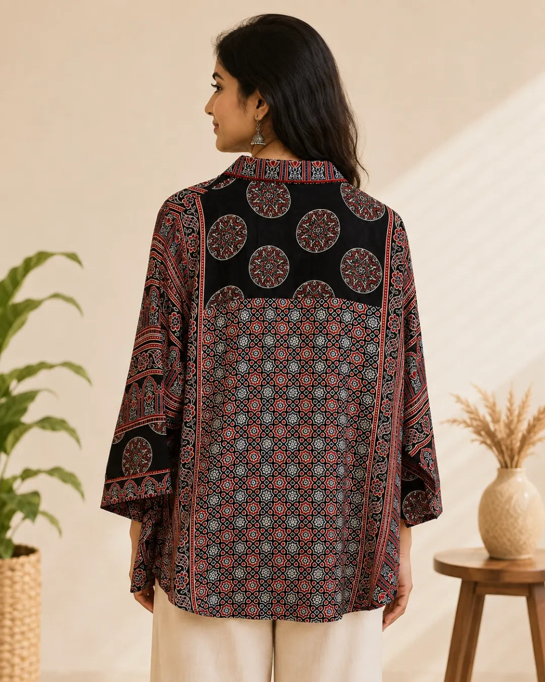 Crepe Ajrakh Print Straight Shirt – Black