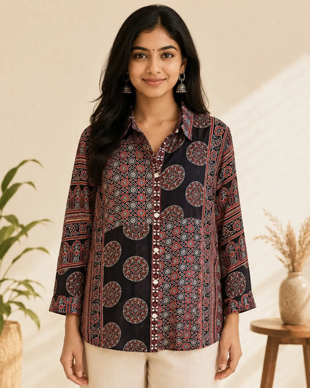 Crepe Ajrakh Print Straight Shirt – Black