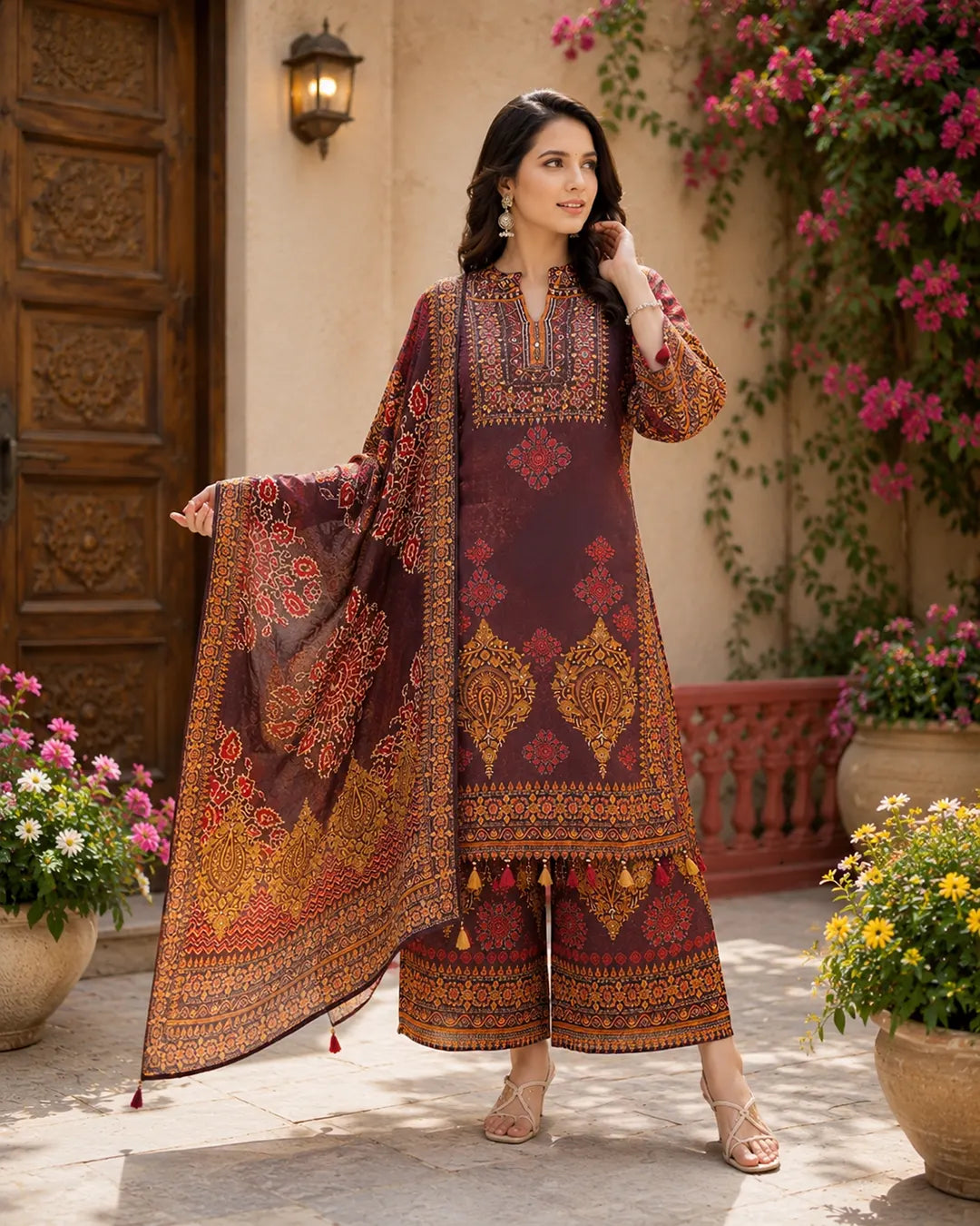 Full Set with placement print Straight fit Brown