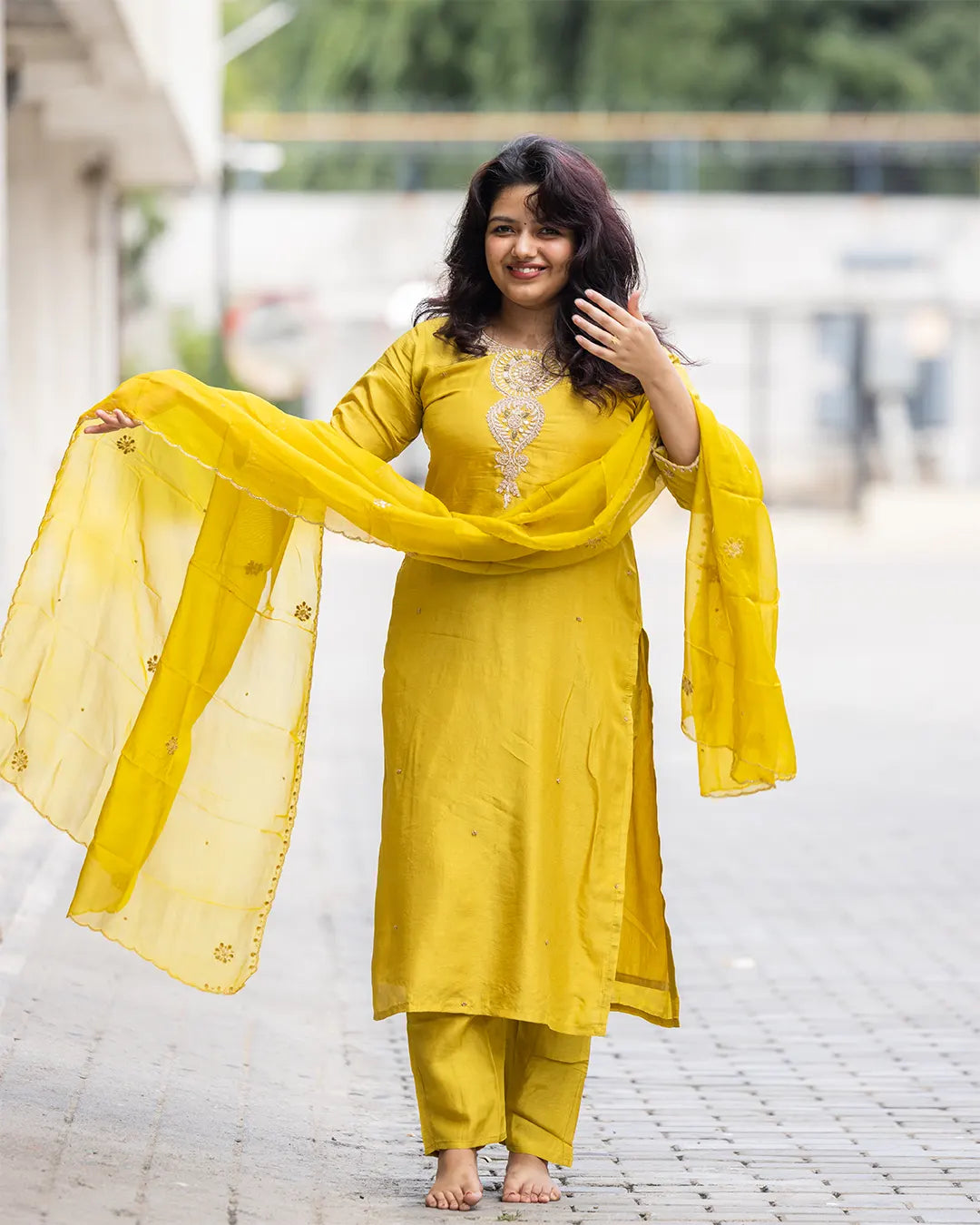 Full Set with heavy zari work Straight fit Mustard