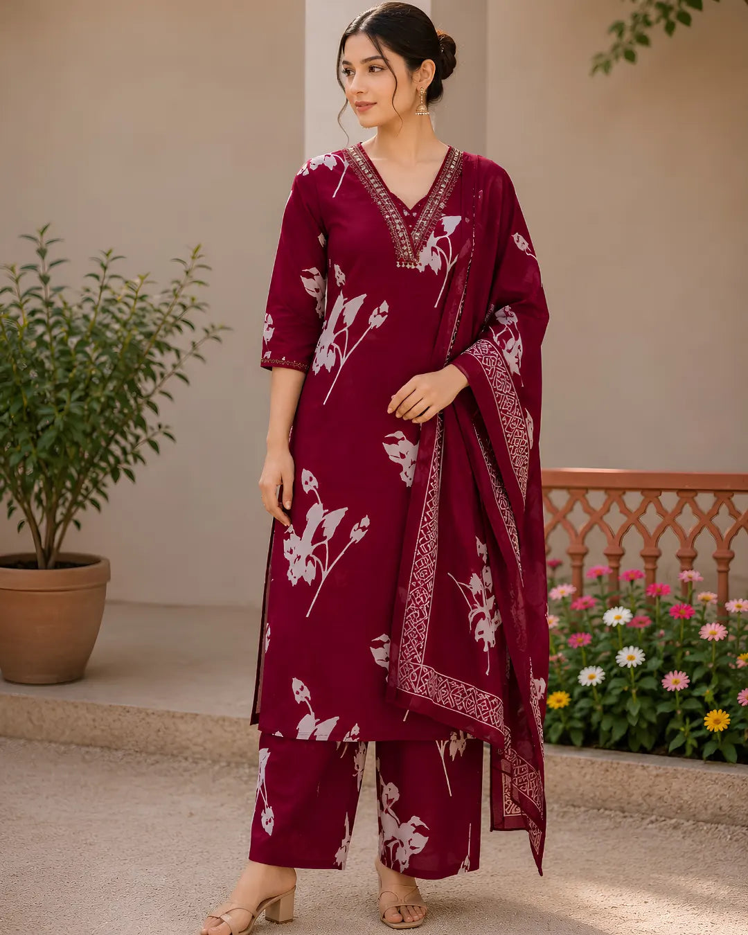 Full Set with high V neck Straight fit Maroon