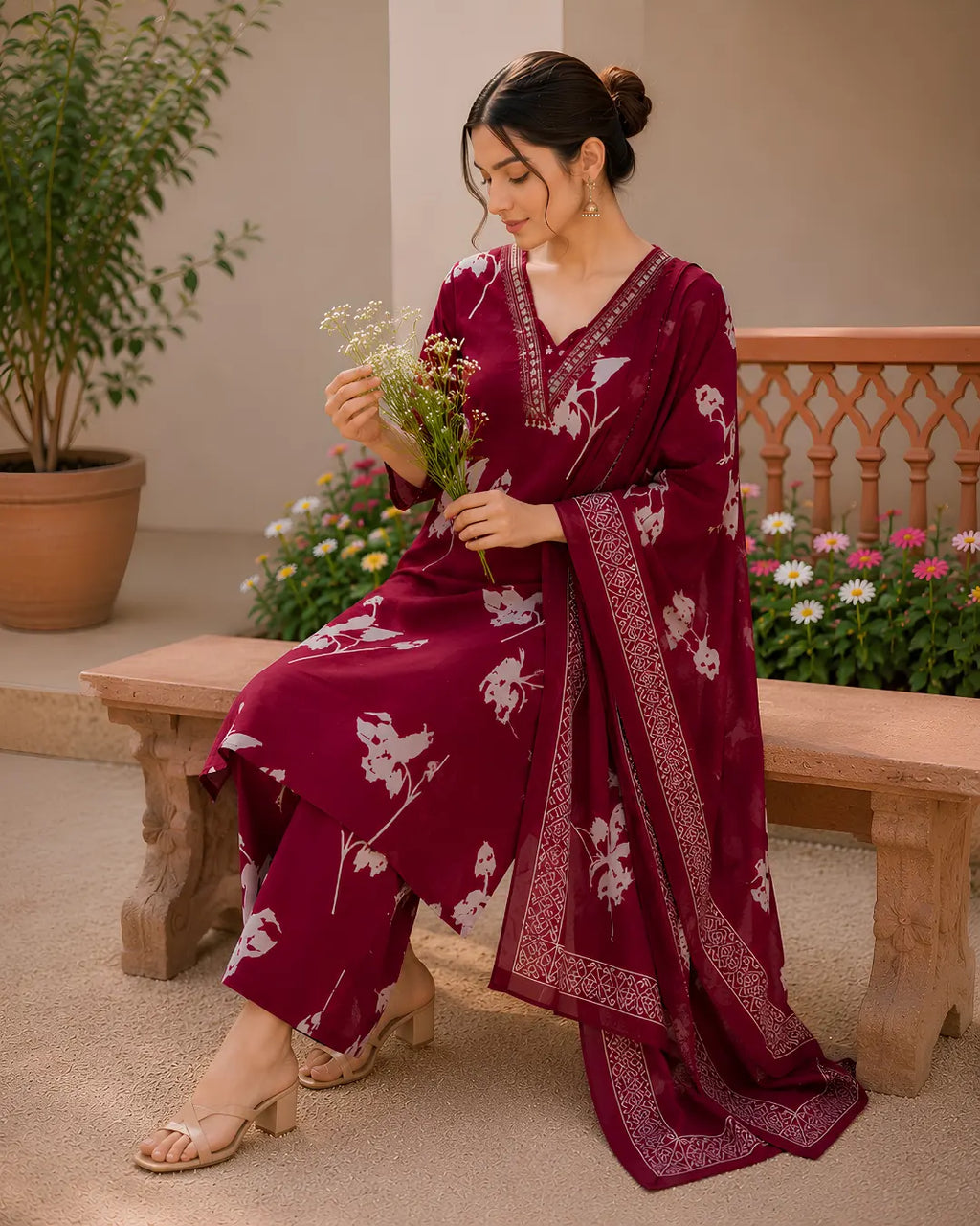 Full Set with high V neck Straight fit Maroon