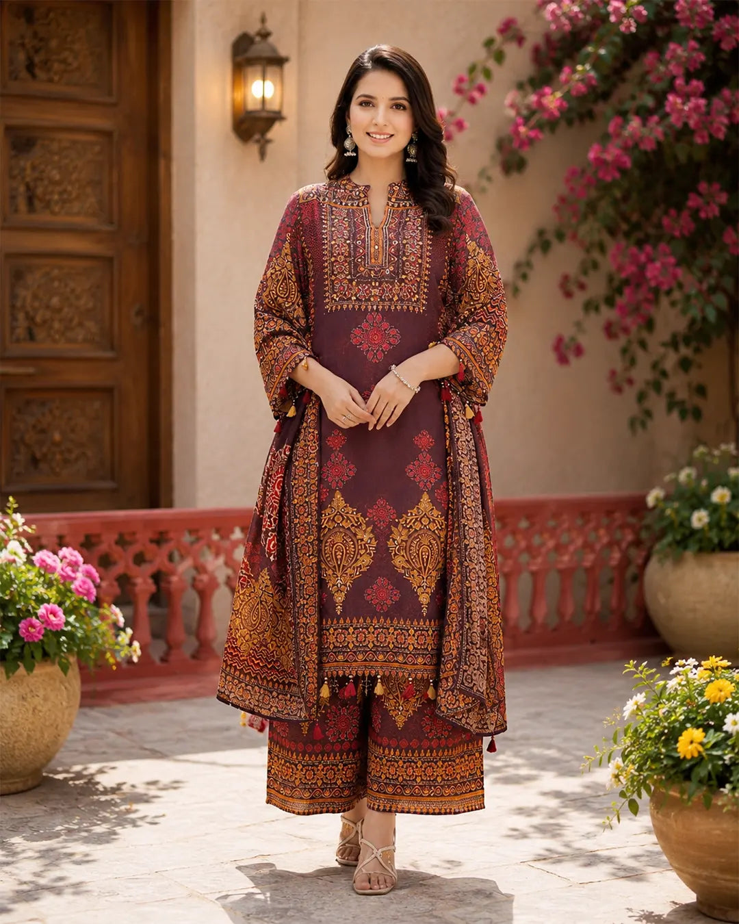 Full Set with placement print Straight fit Brown