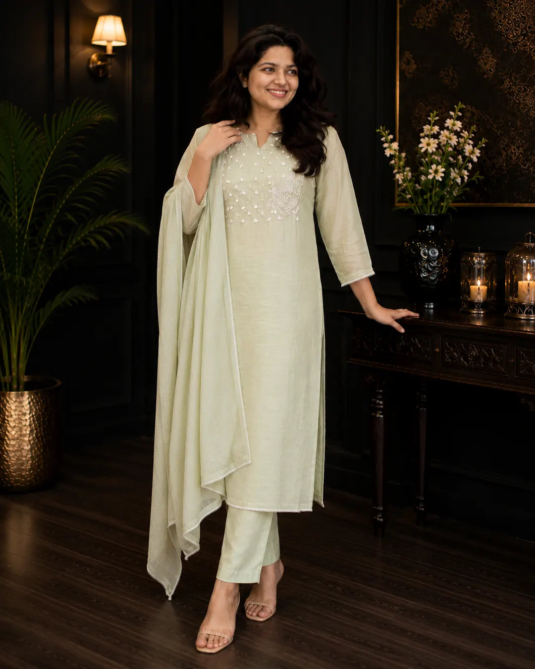 Full set with moti hand work Straight fit Green