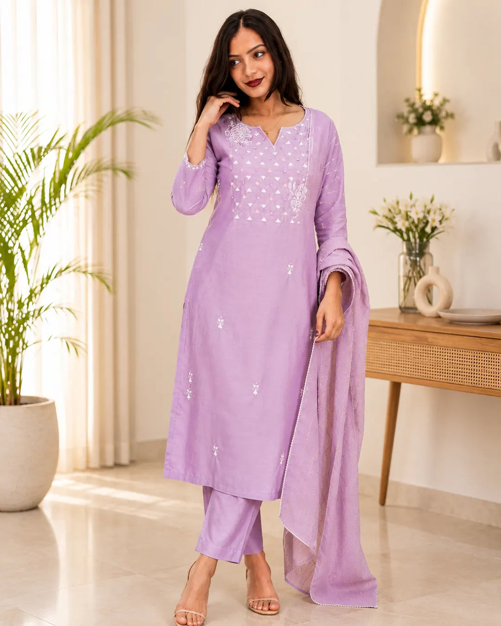 Full set with moti hand work Straight fit Purple