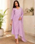 Full set with moti hand work Straight fit Purple