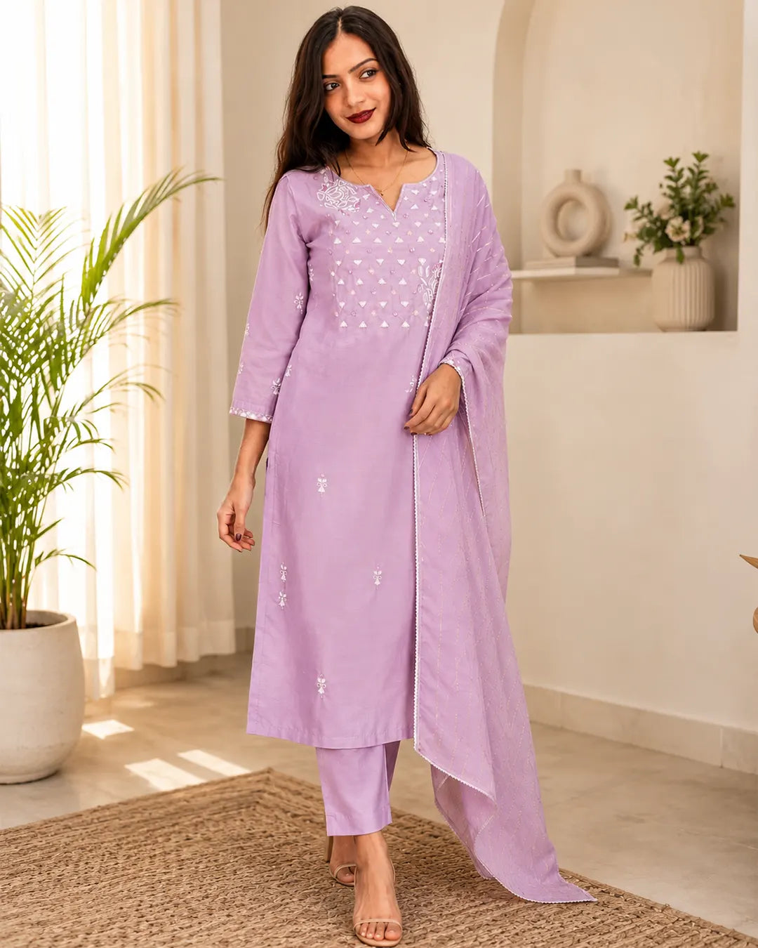 Full set with moti hand work Straight fit Purple