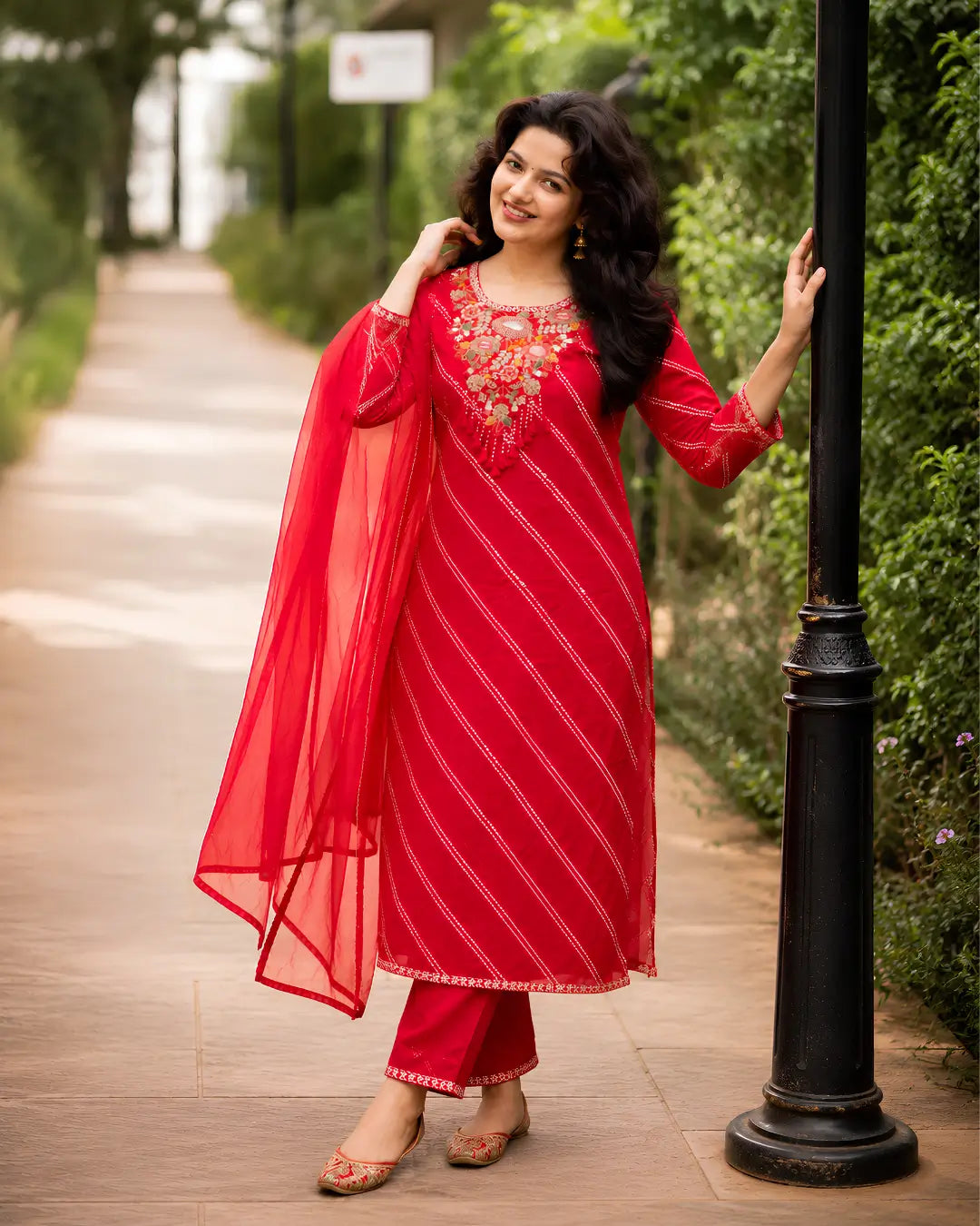 Full set with thread work Straight fit Red