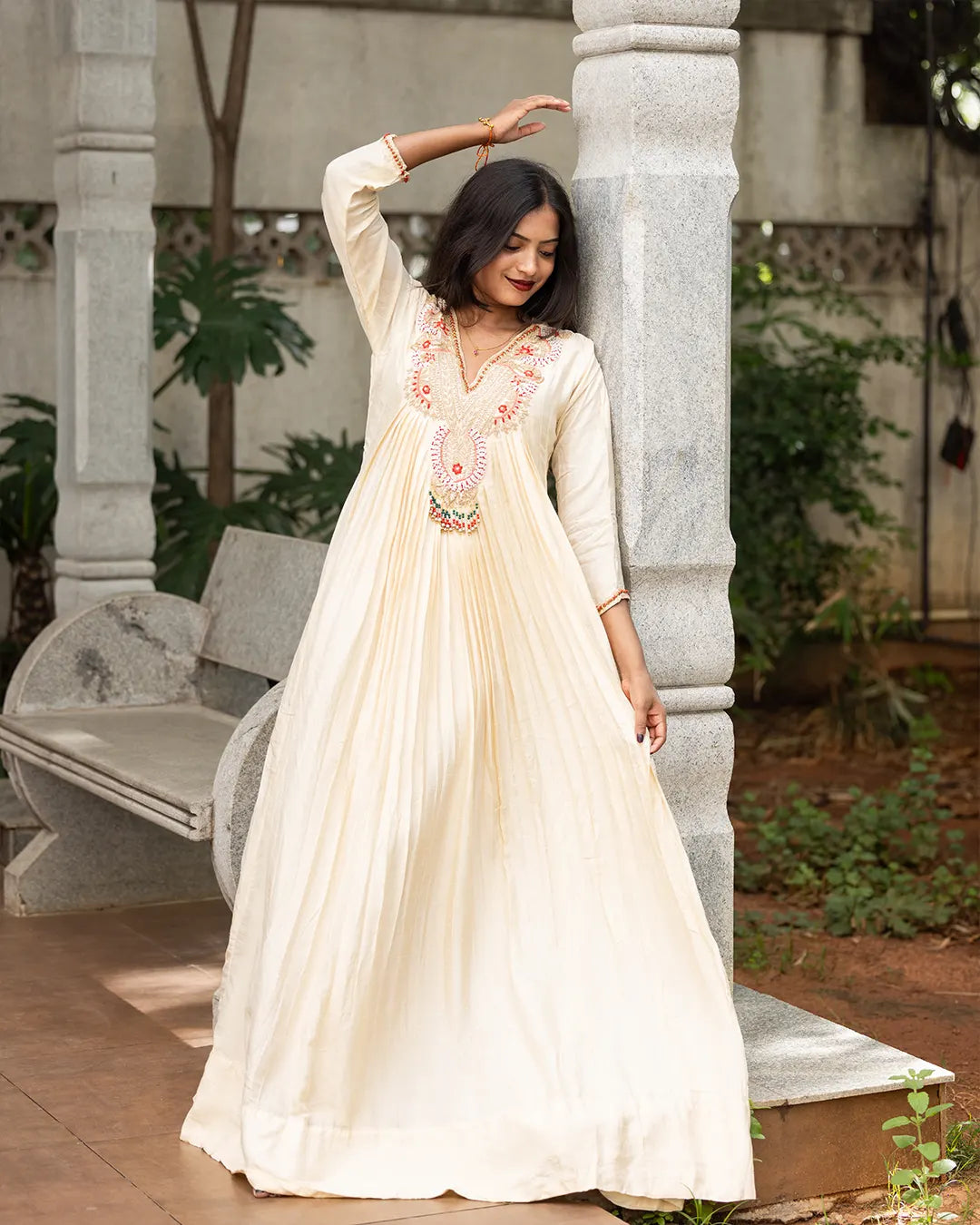 Gown with Dupatta, heavy zardosi & moti work Flared Gown Off white