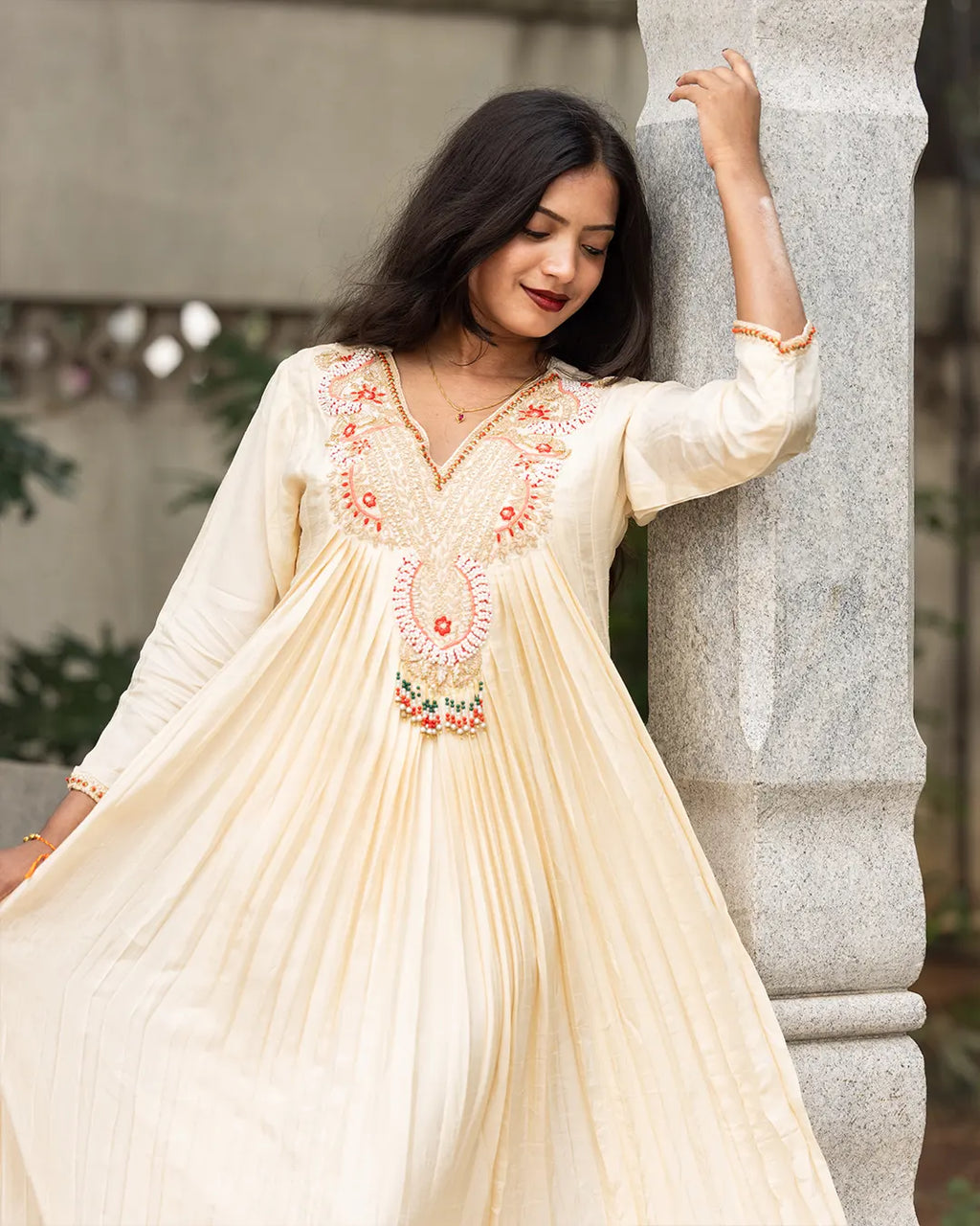Gown with Dupatta, heavy zardosi & moti work Flared Gown Off white