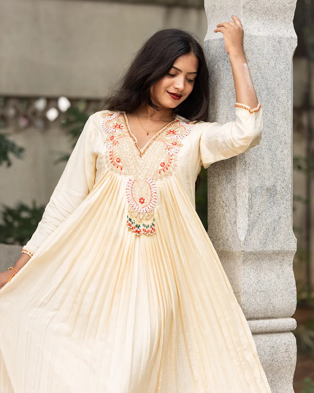 Gown with Dupatta, heavy zardosi & moti work Flared Gown Off white