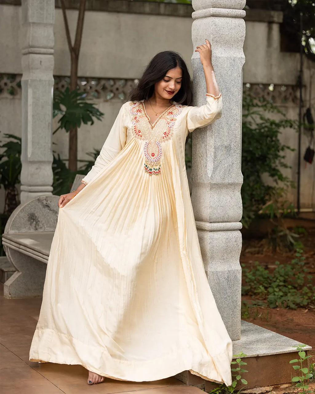 Gown with Dupatta, heavy zardosi & moti work Flared Gown Off white
