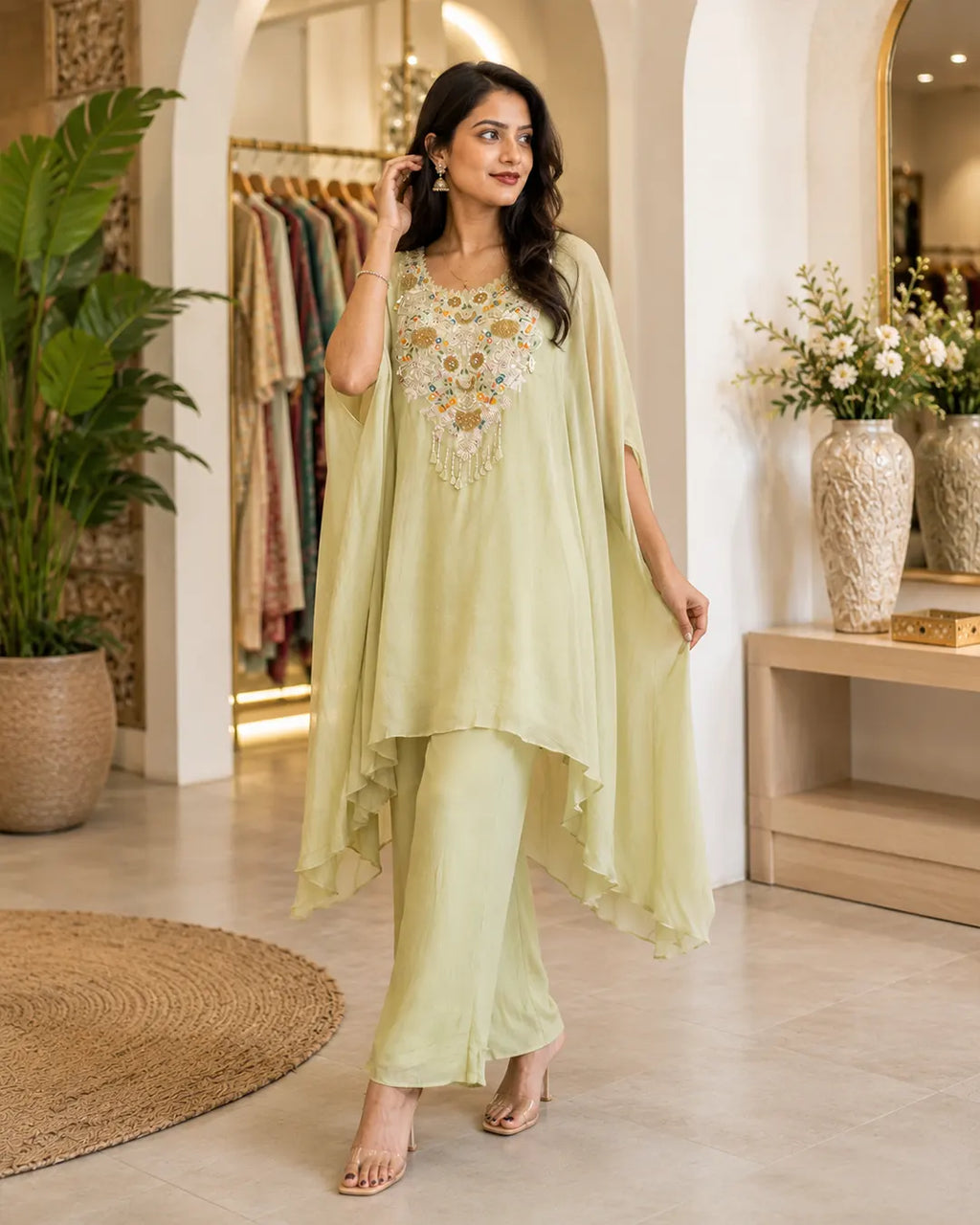 Indo western set (no dupatta) with hand work Cape dress Green