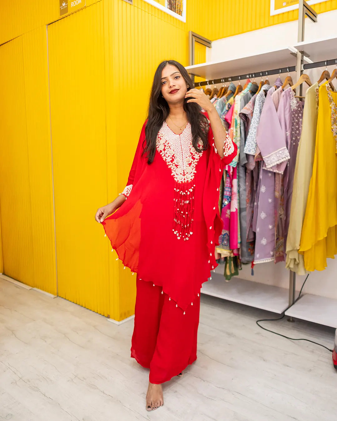 Indo western set (no dupatta) with heavy moti work Cape dress Red