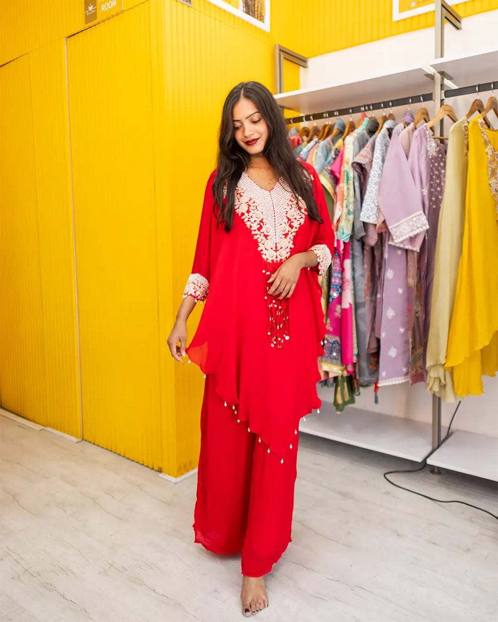 Indo western set (no dupatta) with heavy moti work Cape dress Red